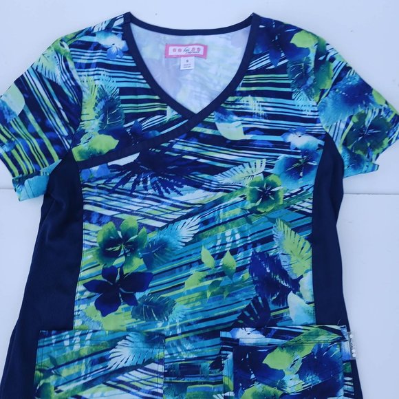 Koi Women's Size S Blue Green Flower V-Neck Shirt - Picture 2 of 7